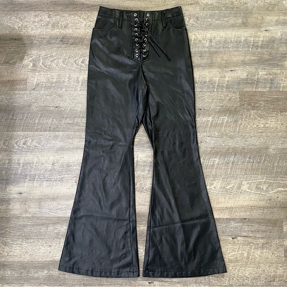 Trendy Black Lace-Up Flare Pants